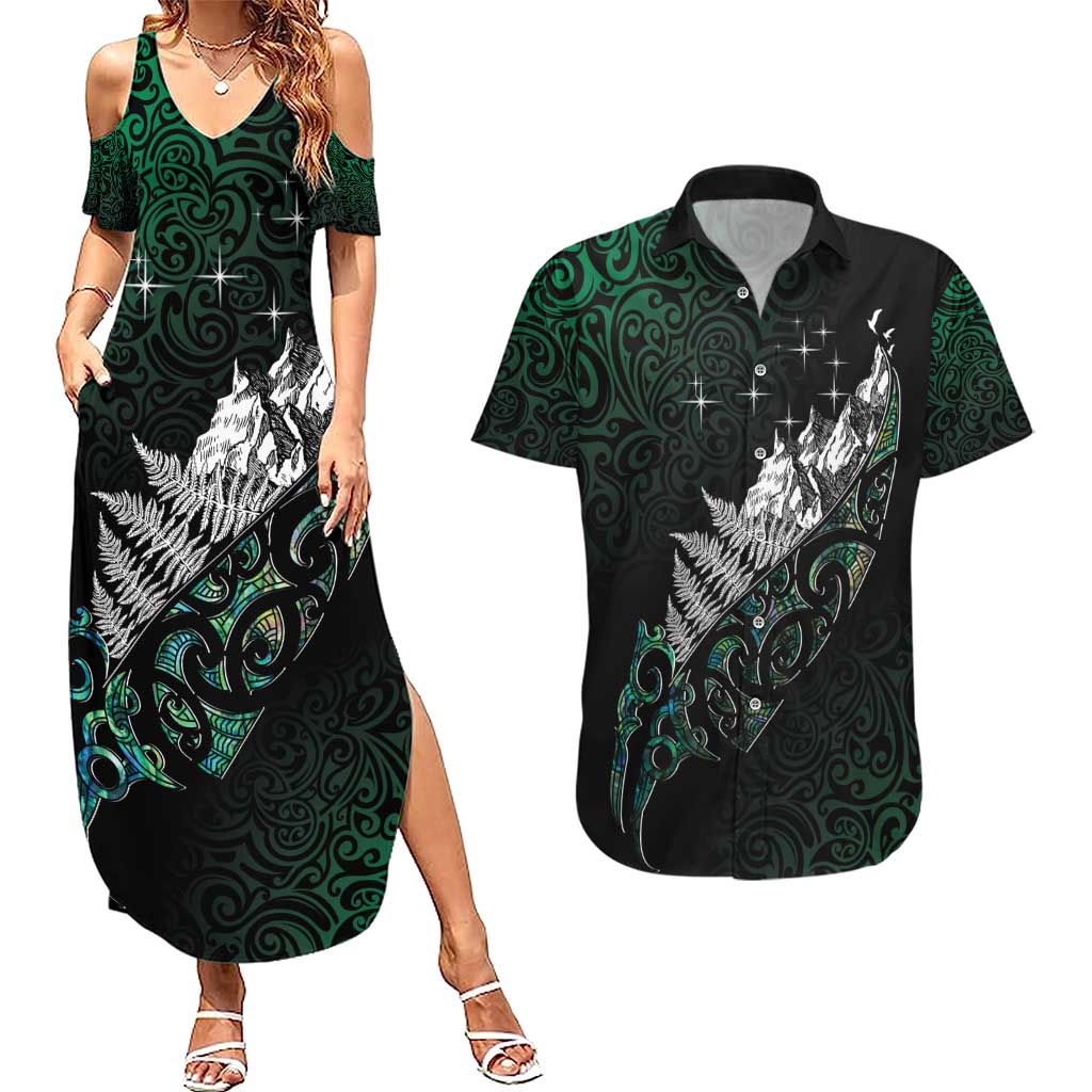 Maori Matariki Couples Matching Summer Maxi Dress and Hawaiian Shirt Landscape Styled Fern - Paua Shell LT7 Green - Polynesian Pride