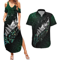 Maori Matariki Couples Matching Summer Maxi Dress and Hawaiian Shirt Landscape Styled Fern - Paua Shell LT7 Green - Polynesian Pride