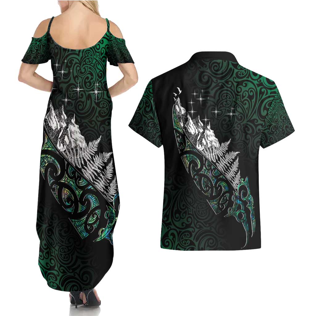 Maori Matariki Couples Matching Summer Maxi Dress and Hawaiian Shirt Landscape Styled Fern - Paua Shell LT7 - Polynesian Pride