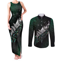 Maori Matariki Couples Matching Tank Maxi Dress and Long Sleeve Button Shirt Landscape Styled Fern - Paua Shell LT7 Green - Polynesian Pride