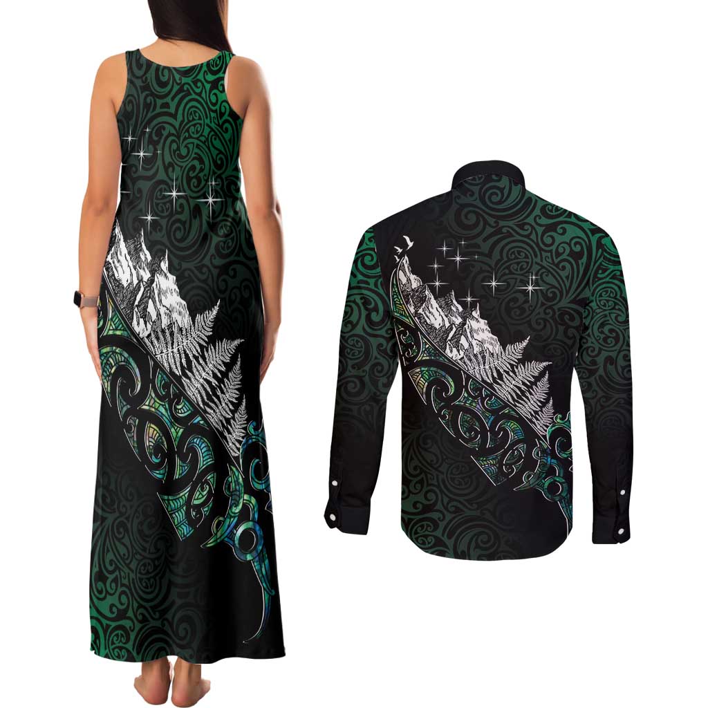 Maori Matariki Couples Matching Tank Maxi Dress and Long Sleeve Button Shirt Landscape Styled Fern - Paua Shell LT7 - Polynesian Pride