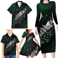 Maori Matariki Family Matching Long Sleeve Bodycon Dress and Hawaiian Shirt Landscape Styled Fern - Paua Shell LT7 - Polynesian Pride