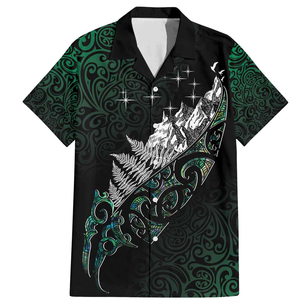 Maori Matariki Family Matching Long Sleeve Bodycon Dress and Hawaiian Shirt Landscape Styled Fern - Paua Shell LT7 Dad's Shirt - Short Sleeve Green - Polynesian Pride