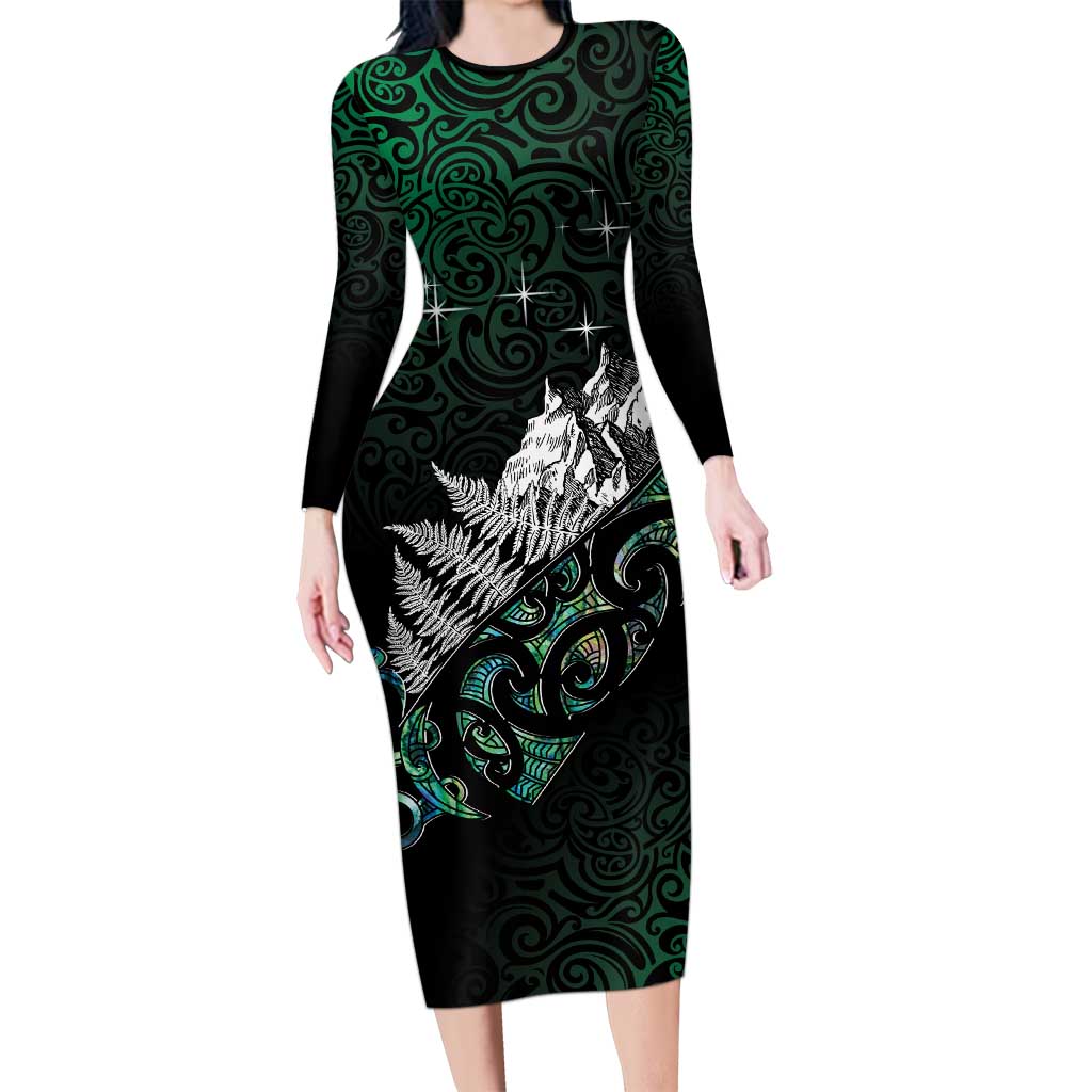 Maori Matariki Family Matching Long Sleeve Bodycon Dress and Hawaiian Shirt Landscape Styled Fern - Paua Shell LT7 Mom's Dress Green - Polynesian Pride