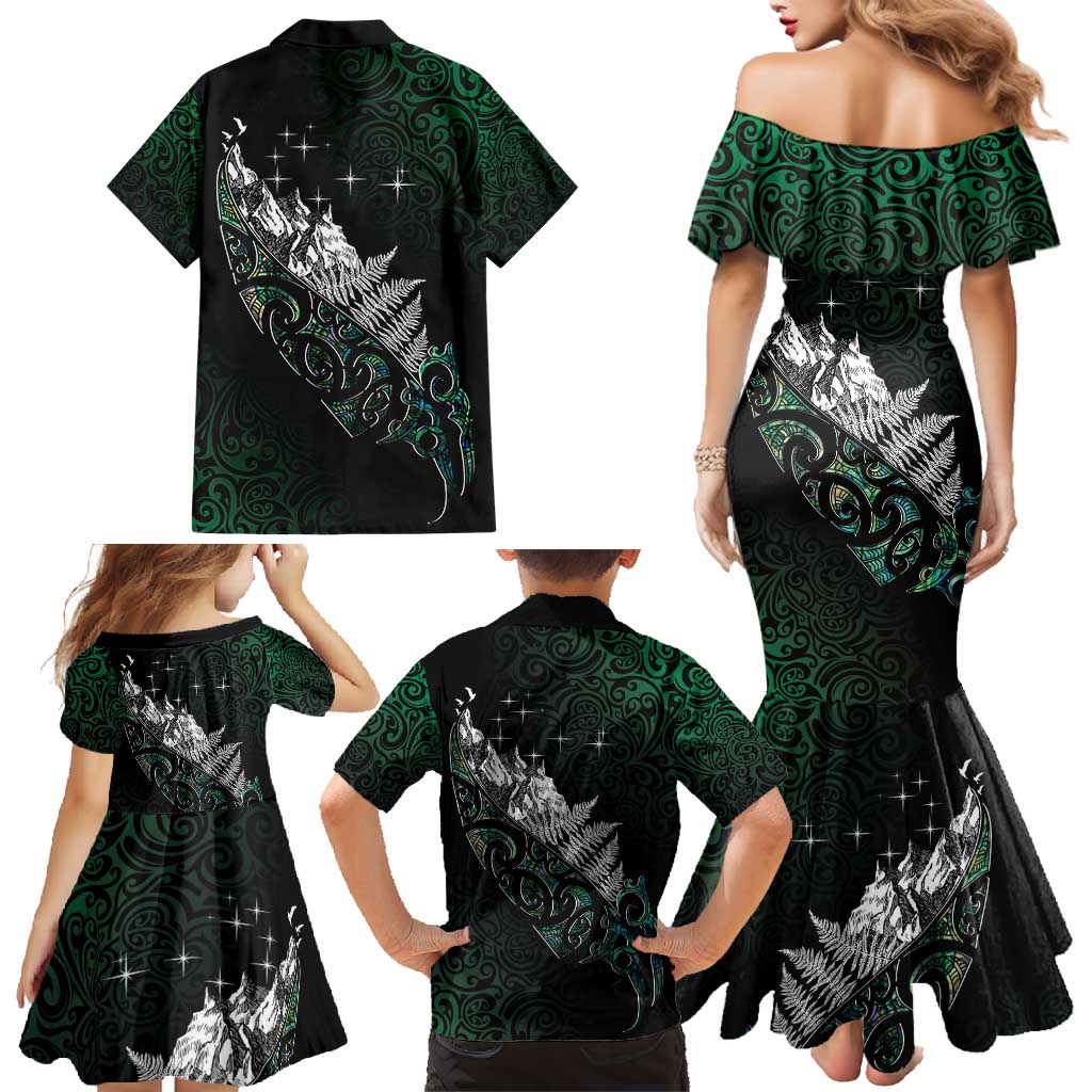 Maori Matariki Family Matching Mermaid Dress and Hawaiian Shirt Landscape Styled Fern - Paua Shell LT7 - Polynesian Pride