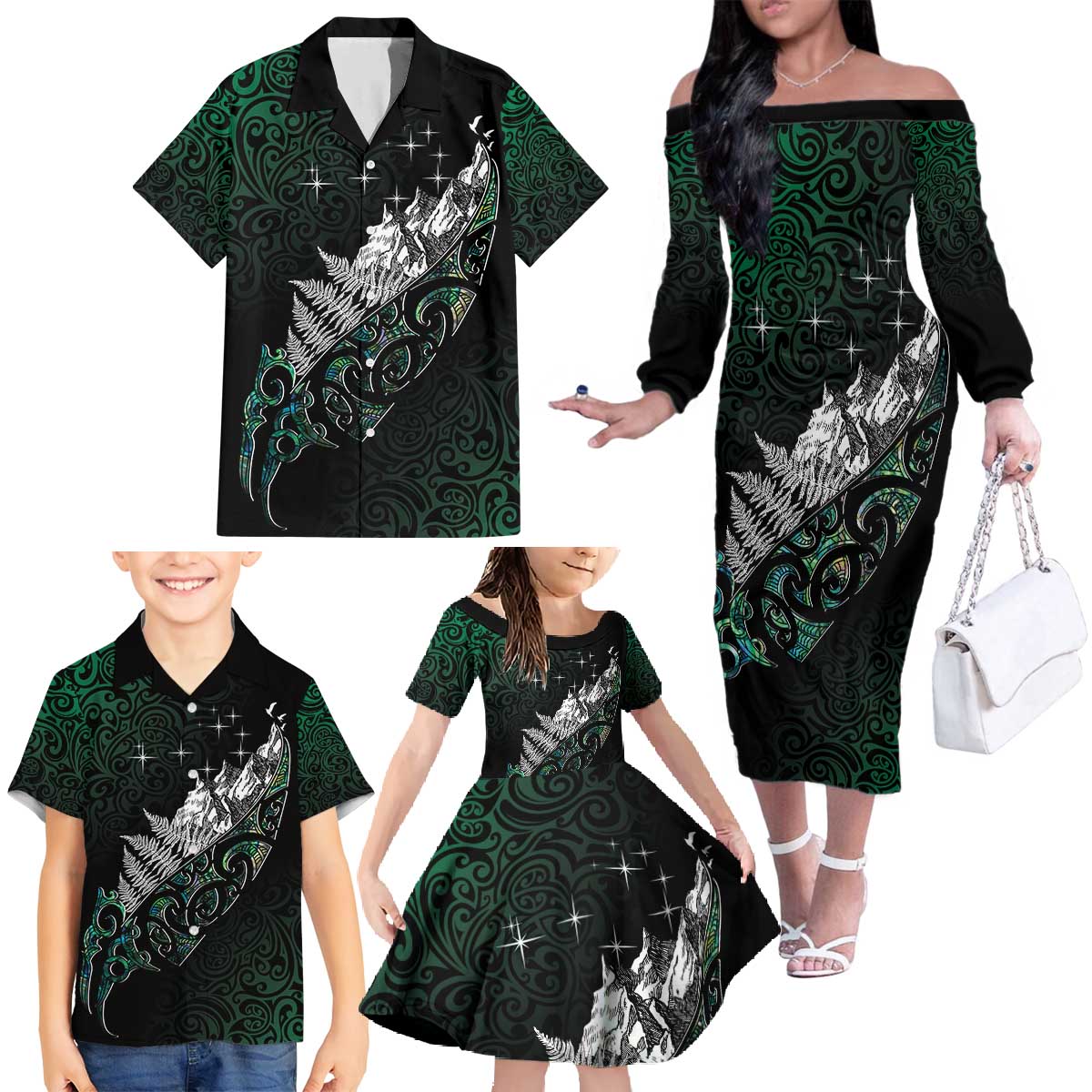 Maori Matariki Family Matching Off The Shoulder Long Sleeve Dress and Hawaiian Shirt Landscape Styled Fern - Paua Shell LT7 - Polynesian Pride