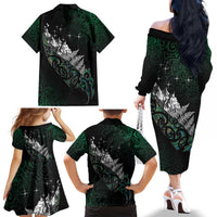 Maori Matariki Family Matching Off The Shoulder Long Sleeve Dress and Hawaiian Shirt Landscape Styled Fern - Paua Shell LT7 - Polynesian Pride