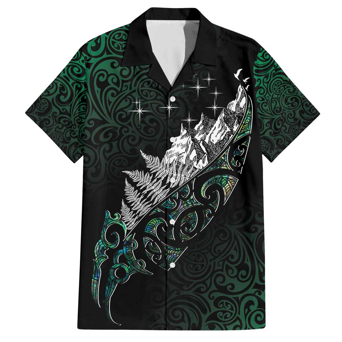 Maori Matariki Family Matching Off The Shoulder Long Sleeve Dress and Hawaiian Shirt Landscape Styled Fern - Paua Shell LT7 Dad's Shirt - Short Sleeve Green - Polynesian Pride
