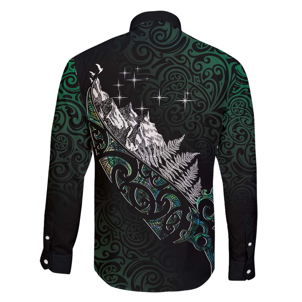 Maori Matariki Family Matching Off The Shoulder Long Sleeve Dress and Hawaiian Shirt Landscape Styled Fern - Paua Shell LT7 - Polynesian Pride