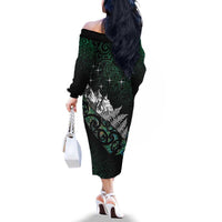 Maori Matariki Family Matching Off The Shoulder Long Sleeve Dress and Hawaiian Shirt Landscape Styled Fern - Paua Shell LT7 - Polynesian Pride