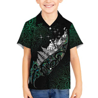 Maori Matariki Family Matching Off The Shoulder Long Sleeve Dress and Hawaiian Shirt Landscape Styled Fern - Paua Shell LT7 Son's Shirt Green - Polynesian Pride
