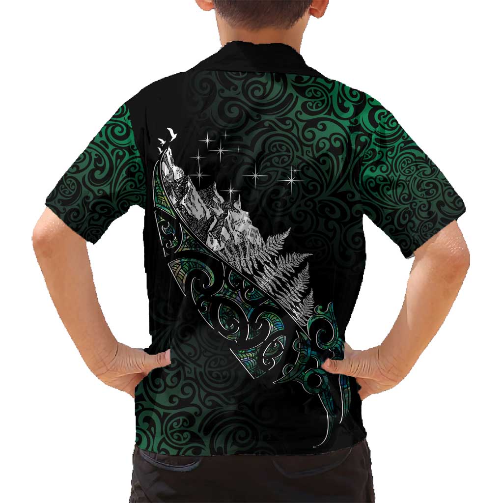 Maori Matariki Family Matching Off Shoulder Maxi Dress and Hawaiian Shirt Landscape Styled Fern - Paua Shell LT7 - Polynesian Pride