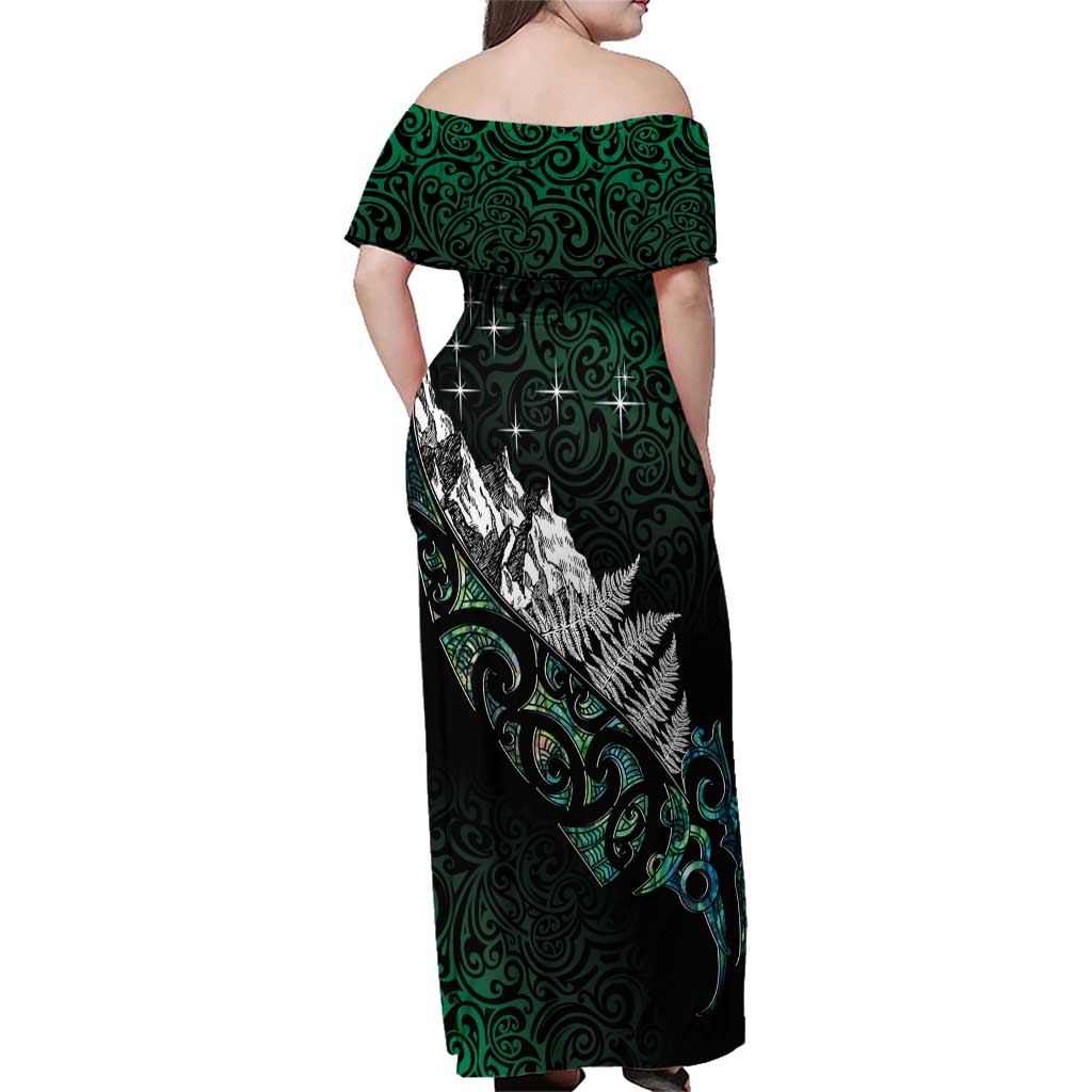 Maori Matariki Family Matching Off Shoulder Maxi Dress and Hawaiian Shirt Landscape Styled Fern - Paua Shell LT7 - Polynesian Pride