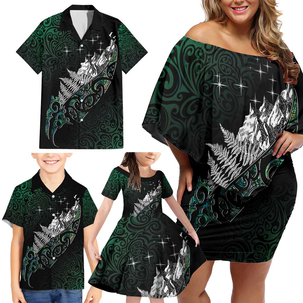 Maori Matariki Family Matching Off Shoulder Short Dress and Hawaiian Shirt Landscape Styled Fern - Paua Shell LT7 - Polynesian Pride