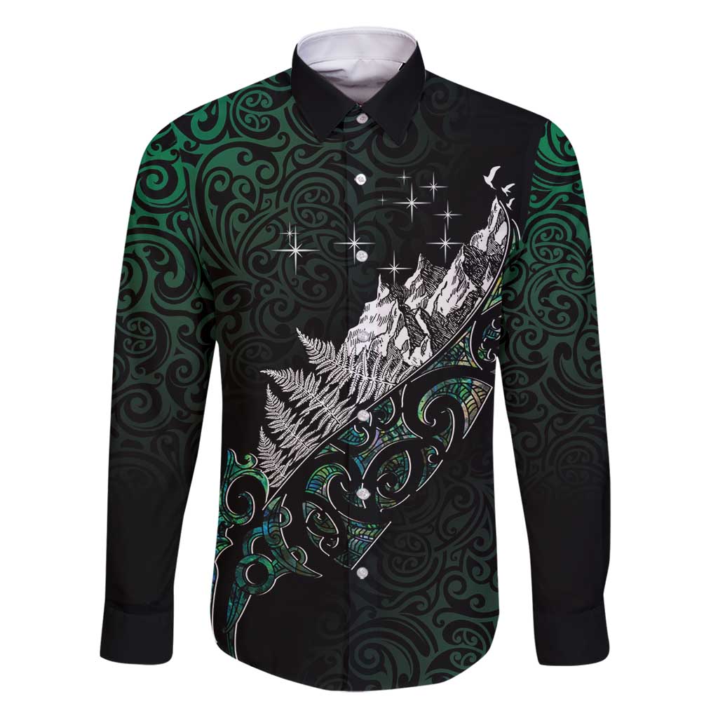 Maori Matariki Family Matching Off Shoulder Short Dress and Hawaiian Shirt Landscape Styled Fern - Paua Shell LT7 Dad's Shirt - Long Sleeve Green - Polynesian Pride