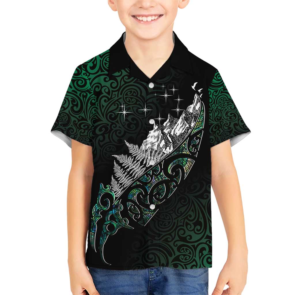 Maori Matariki Family Matching Puletasi and Hawaiian Shirt Landscape Styled Fern - Paua Shell LT7 Son's Shirt Green - Polynesian Pride