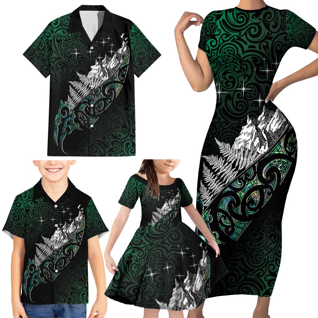 Maori Matariki Family Matching Short Sleeve Bodycon Dress and Hawaiian Shirt Landscape Styled Fern - Paua Shell LT7 - Polynesian Pride