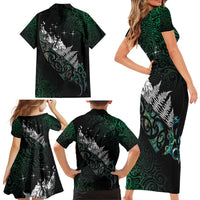 Maori Matariki Family Matching Short Sleeve Bodycon Dress and Hawaiian Shirt Landscape Styled Fern - Paua Shell LT7 - Polynesian Pride