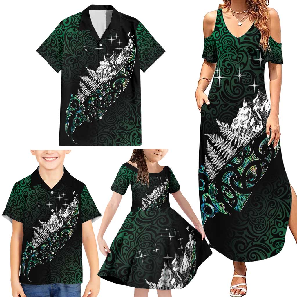 Maori Matariki Family Matching Summer Maxi Dress and Hawaiian Shirt Landscape Styled Fern - Paua Shell LT7 - Polynesian Pride