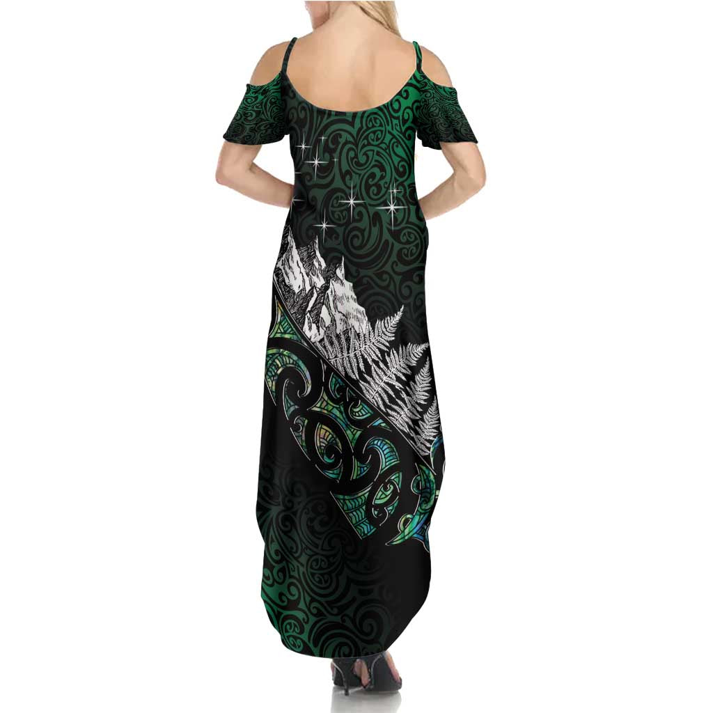 Maori Matariki Family Matching Summer Maxi Dress and Hawaiian Shirt Landscape Styled Fern - Paua Shell LT7 - Polynesian Pride