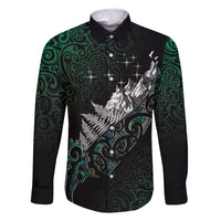 Maori Matariki Family Matching Tank Maxi Dress and Hawaiian Shirt Landscape Styled Fern - Paua Shell LT7 Dad's Shirt - Long Sleeve Green - Polynesian Pride