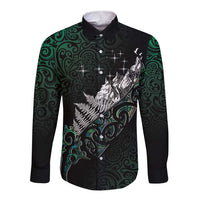 Maori Matariki Long Sleeve Button Shirt Landscape Styled Fern - Paua Shell LT7 Unisex Green - Polynesian Pride