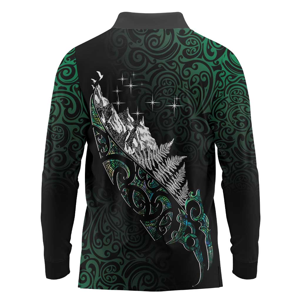 Maori Matariki Long Sleeve Polo Shirt Landscape Styled Fern - Paua Shell