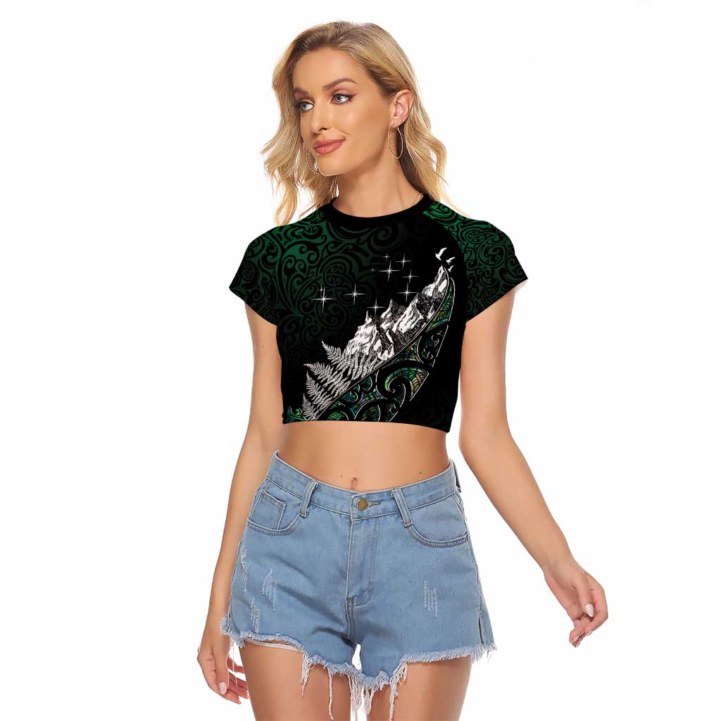 Maori Matariki Raglan Cropped T Shirt Landscape Styled Fern - Paua Shell LT7 Female Green - Polynesian Pride
