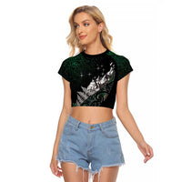 Maori Matariki Raglan Cropped T Shirt Landscape Styled Fern - Paua Shell LT7 Female Green - Polynesian Pride