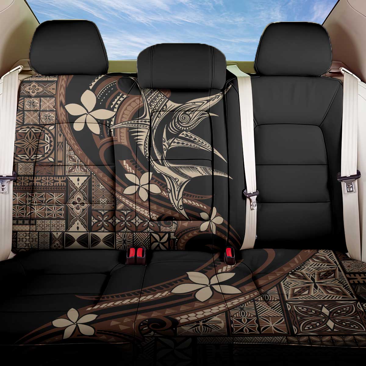 Samoa Manuia le Aso Tuto'atasi Back Car Seat Cover Siapo Mamanu Mix Tatau Marlin LT7 One Size Black - Polynesian Pride