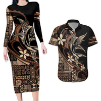 Samoa Manuia le Aso Tuto'atasi Couples Matching Long Sleeve Bodycon Dress and Hawaiian Shirt Siapo Mamanu Mix Tatau Marlin LT7 Black - Polynesian Pride