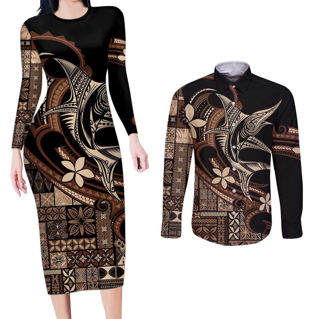 Samoa Manuia le Aso Tuto'atasi Couples Matching Long Sleeve Bodycon Dress and Long Sleeve Button Shirt Siapo Mamanu Mix Tatau Marlin LT7 Black - Polynesian Pride