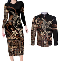 Samoa Manuia le Aso Tuto'atasi Couples Matching Long Sleeve Bodycon Dress and Long Sleeve Button Shirt Siapo Mamanu Mix Tatau Marlin LT7 Black - Polynesian Pride