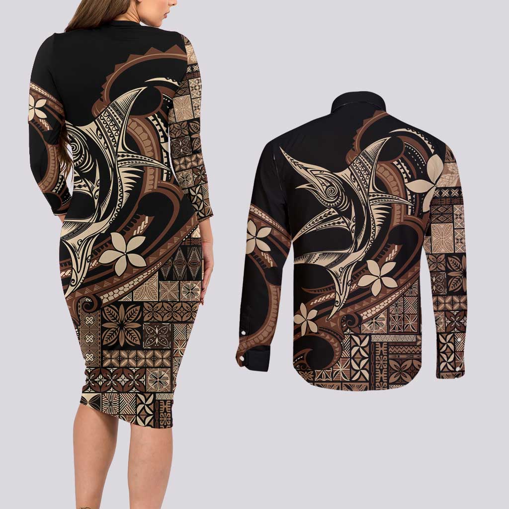 Samoa Manuia le Aso Tuto'atasi Couples Matching Long Sleeve Bodycon Dress and Long Sleeve Button Shirt Siapo Mamanu Mix Tatau Marlin LT7 - Polynesian Pride