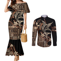 Samoa Manuia le Aso Tuto'atasi Couples Matching Mermaid Dress and Long Sleeve Button Shirt Siapo Mamanu Mix Tatau Marlin LT7 Black - Polynesian Pride