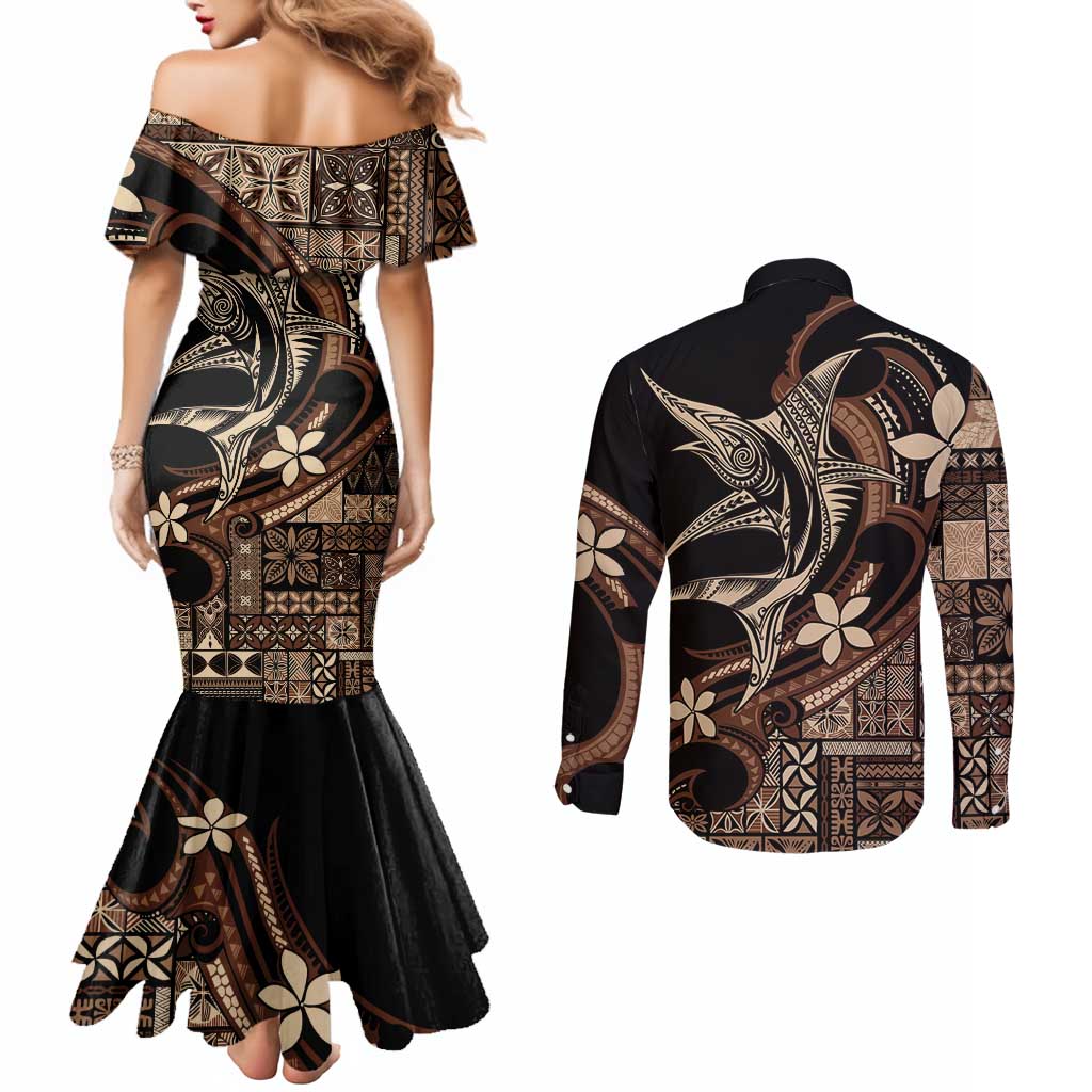 Samoa Manuia le Aso Tuto'atasi Couples Matching Mermaid Dress and Long Sleeve Button Shirt Siapo Mamanu Mix Tatau Marlin LT7 - Polynesian Pride