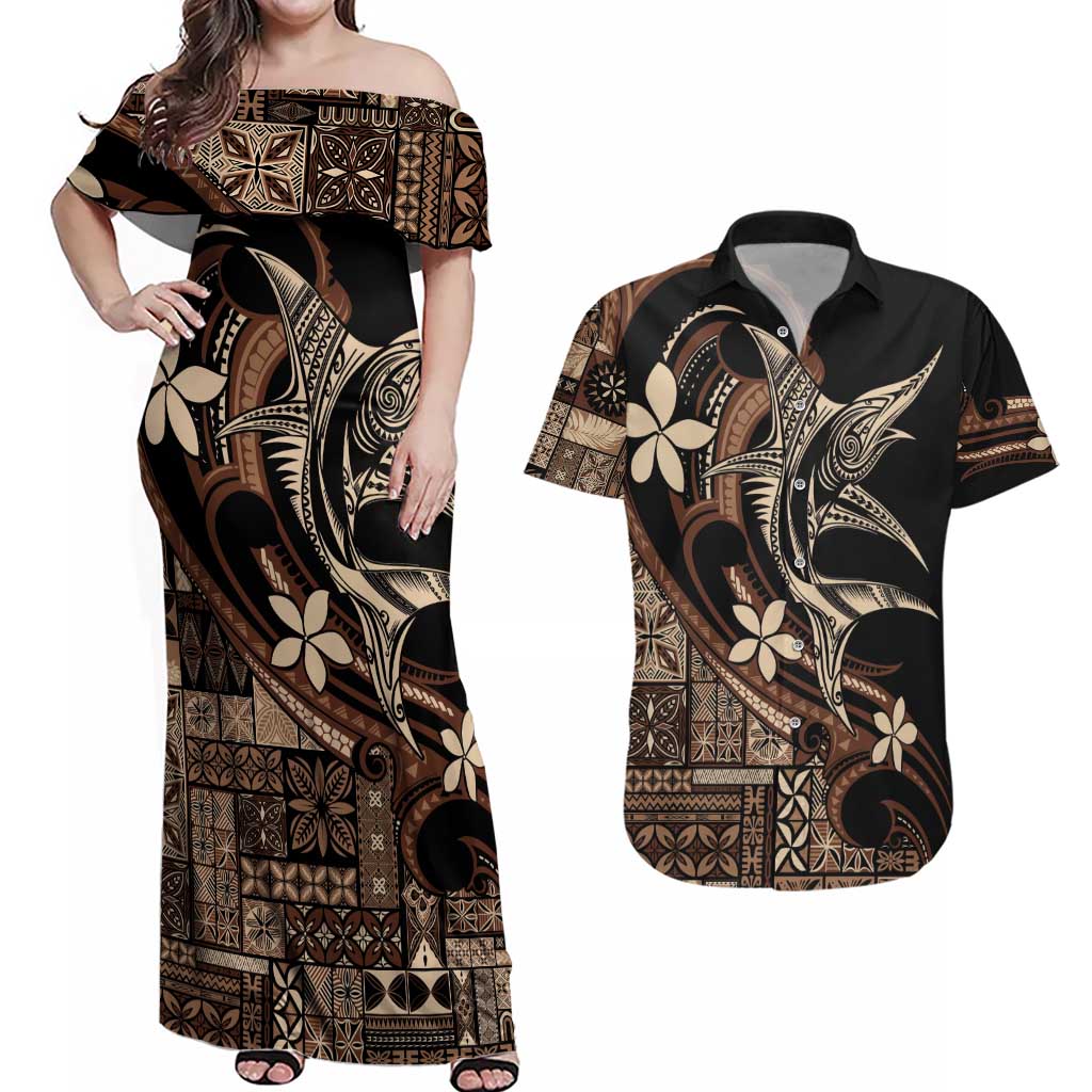 Samoa Manuia le Aso Tuto'atasi Couples Matching Off Shoulder Maxi Dress and Hawaiian Shirt Siapo Mamanu Mix Tatau Marlin LT7 Black - Polynesian Pride