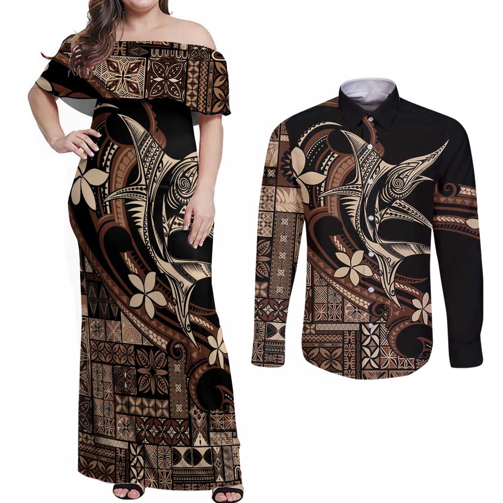 Samoa Manuia le Aso Tuto'atasi Couples Matching Off Shoulder Maxi Dress and Long Sleeve Button Shirt Siapo Mamanu Mix Tatau Marlin LT7 Black - Polynesian Pride