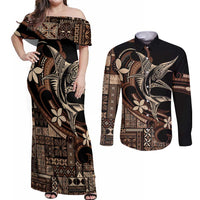 Samoa Manuia le Aso Tuto'atasi Couples Matching Off Shoulder Maxi Dress and Long Sleeve Button Shirt Siapo Mamanu Mix Tatau Marlin LT7 Black - Polynesian Pride