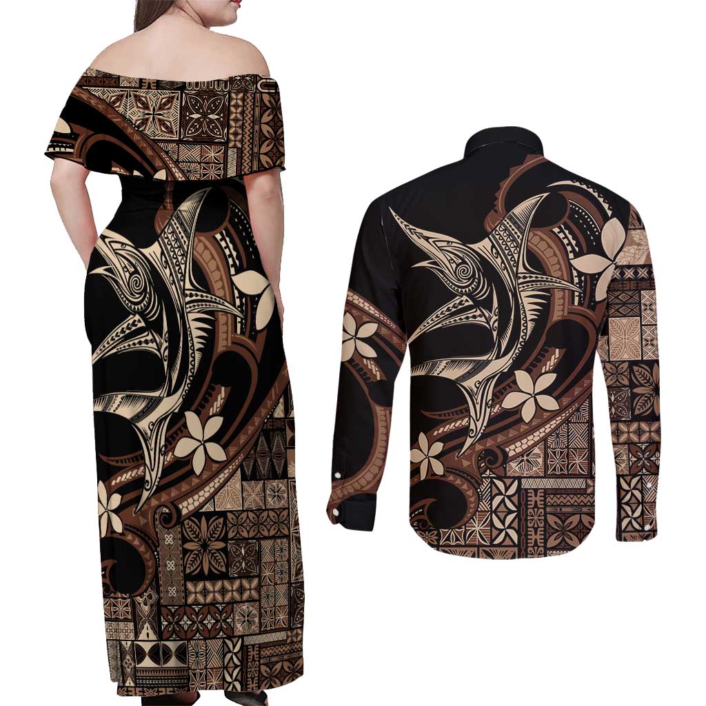 Samoa Manuia le Aso Tuto'atasi Couples Matching Off Shoulder Maxi Dress and Long Sleeve Button Shirt Siapo Mamanu Mix Tatau Marlin LT7 - Polynesian Pride