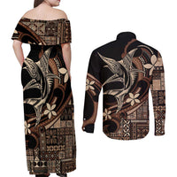 Samoa Manuia le Aso Tuto'atasi Couples Matching Off Shoulder Maxi Dress and Long Sleeve Button Shirt Siapo Mamanu Mix Tatau Marlin LT7 - Polynesian Pride