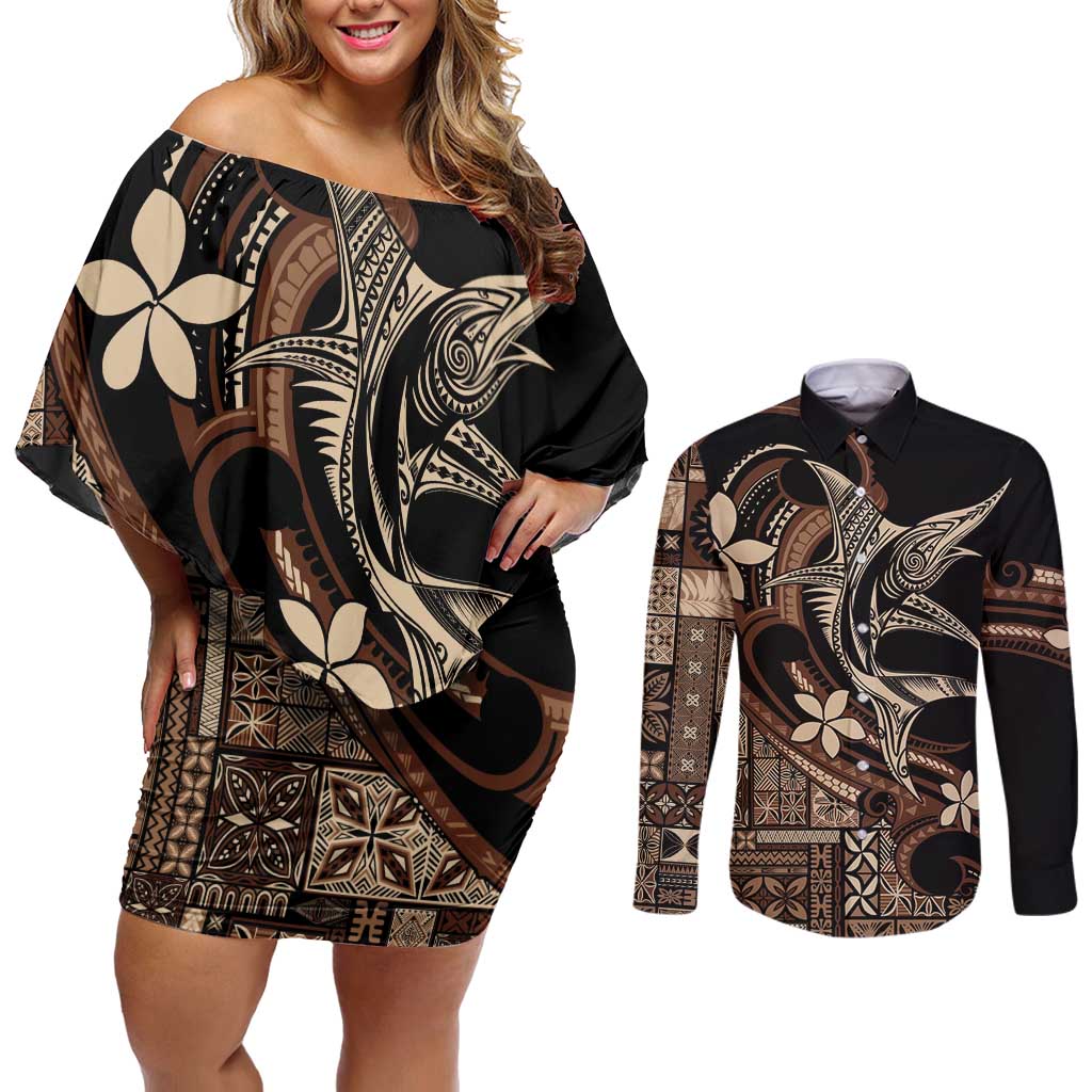 Samoa Manuia le Aso Tuto'atasi Couples Matching Off Shoulder Short Dress and Long Sleeve Button Shirt Siapo Mamanu Mix Tatau Marlin LT7 Black - Polynesian Pride