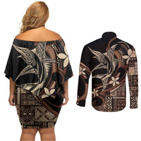 Samoa Manuia le Aso Tuto'atasi Couples Matching Off Shoulder Short Dress and Long Sleeve Button Shirt Siapo Mamanu Mix Tatau Marlin LT7 - Polynesian Pride