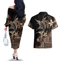 Samoa Manuia le Aso Tuto'atasi Couples Matching Off The Shoulder Long Sleeve Dress and Hawaiian Shirt Siapo Mamanu Mix Tatau Marlin LT7 - Polynesian Pride