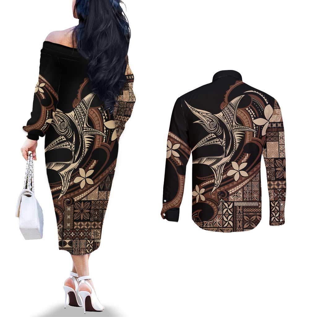 Samoa Manuia le Aso Tuto'atasi Couples Matching Off The Shoulder Long Sleeve Dress and Long Sleeve Button Shirt Siapo Mamanu Mix Tatau Marlin LT7 - Polynesian Pride