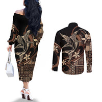 Samoa Manuia le Aso Tuto'atasi Couples Matching Off The Shoulder Long Sleeve Dress and Long Sleeve Button Shirt Siapo Mamanu Mix Tatau Marlin LT7 - Polynesian Pride