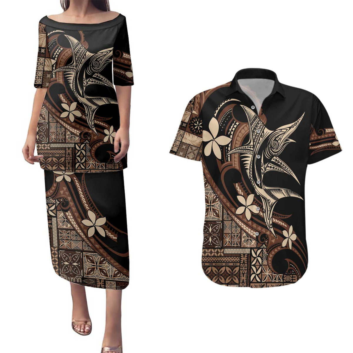 Samoa Manuia le Aso Tuto'atasi Couples Matching Puletasi and Hawaiian Shirt Siapo Mamanu Mix Tatau Marlin LT7 Black - Polynesian Pride