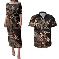 Samoa Manuia le Aso Tuto'atasi Couples Matching Puletasi and Hawaiian Shirt Siapo Mamanu Mix Tatau Marlin LT7 Black - Polynesian Pride