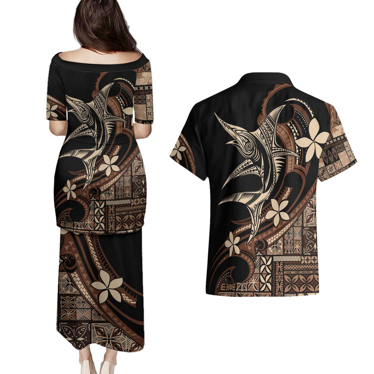 Samoa Manuia le Aso Tuto'atasi Couples Matching Puletasi and Hawaiian Shirt Siapo Mamanu Mix Tatau Marlin LT7 - Polynesian Pride