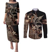 Samoa Manuia le Aso Tuto'atasi Couples Matching Puletasi and Long Sleeve Button Shirt Siapo Mamanu Mix Tatau Marlin LT7 Black - Polynesian Pride